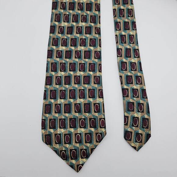 Ferrel Reed RSM USA Made Geometric Teal Burgundy Tan Silk Tie 62.5" - Picture 5 of 6